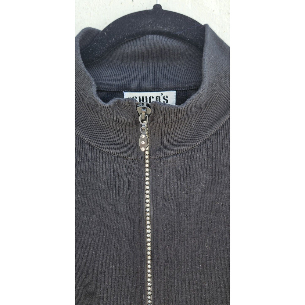 Vintage Chicos Sweater Jacket 1 Black Silk Nylon Rhinestone Zip Rib Cardigan 90s - Picture 5 of 8